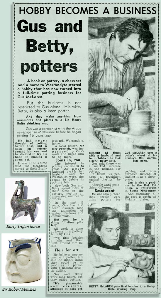 Gus andn Betty Potters , Sir Robert Menzies jug and Gus McLaren and Betty McLaren in pottery studio, newsclipping - Gus McLaren throwing a ceramic pot